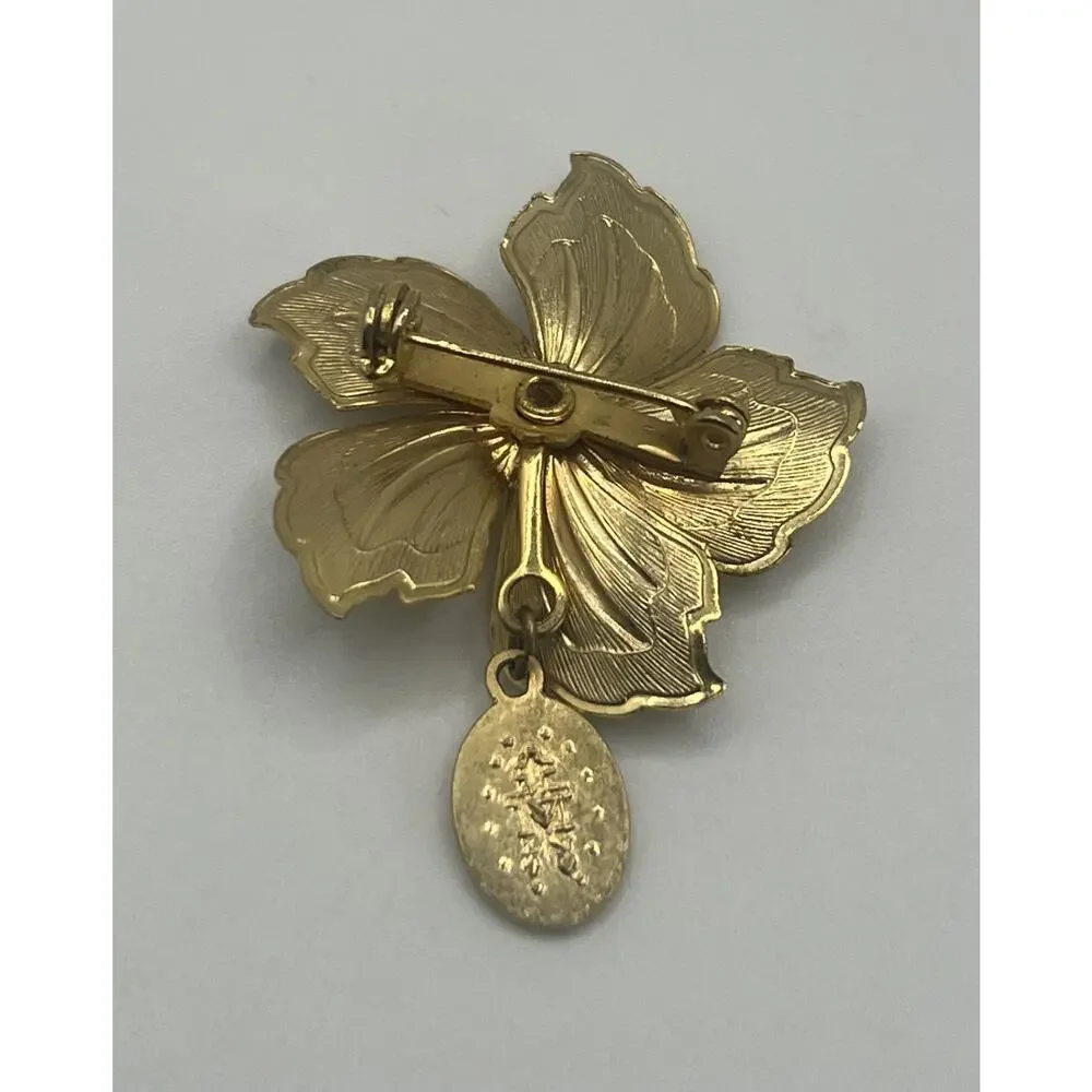 Vintage Textured Gold Tone Flower Faux Pearl & Miraculous Medal Charm Brooch